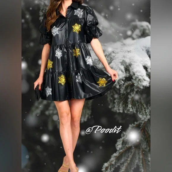PEACH LOVE CALIFORNIA pleather black sequin snowflake holiday mini dress S M L - Picture 3 of 13